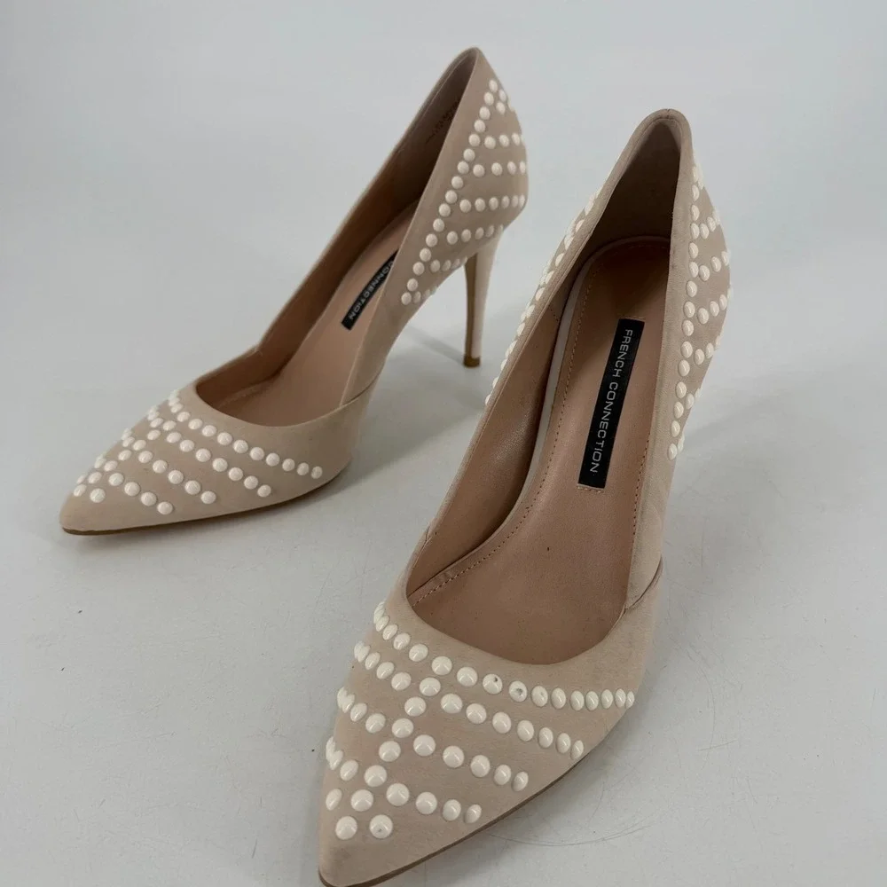 French Connection‎ Pump Women Size 41 10.5 Beige Studded Pointed Toe Stiletto